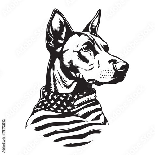 A German Shepherd Dog wear american flag print bandana. Minimal Vintage Grunge Independence Day 4th of July Patriotic Usa America Retro Clipart. Canine in color head covering herder pup.