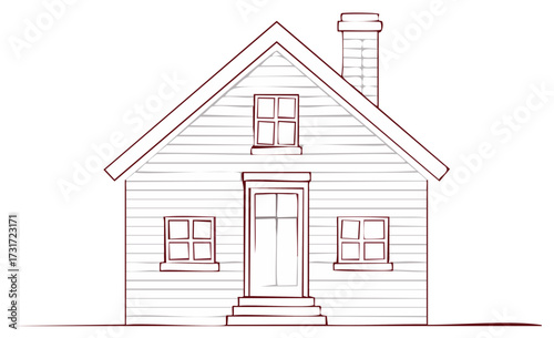 Line art of a small house with windows, door, chimney and steps