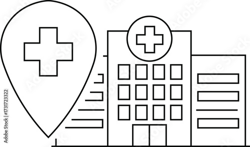 Black and white outline icon of a hospital building with a medical cross and a location pin