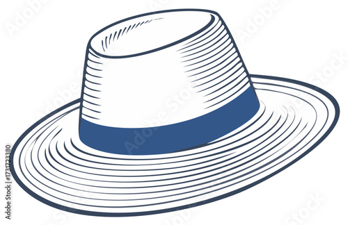 Classic hat illustration in blue and white, with vintage engraving style.