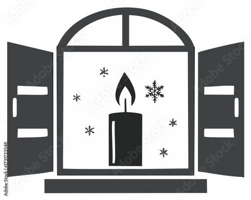Cozy Winter Window Scene with Glowing Candle Flame and Falling Snowflakes Silhouette. Festive Warm Light through Glass Pane