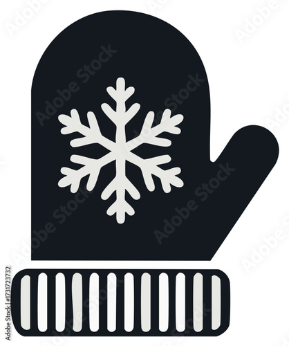 Illustration of a dark blue mitten with a snowflake design and a ribbed cuff