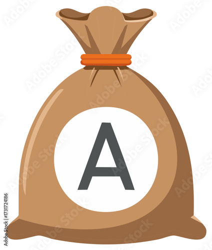 Close up illustration of a brown burlap sack with a white circle containing the letter A