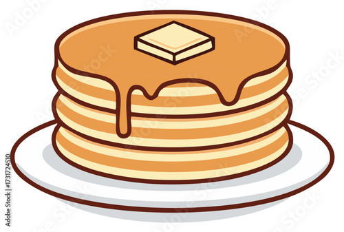 Stack of fluffy golden pancakes drizzled with syrup and topped with butter on a white plate