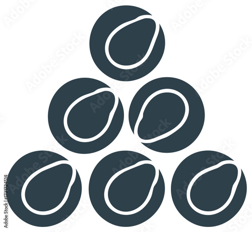 Group of Six Dark Blue Tennis Balls Stacked in Pyramid Shape