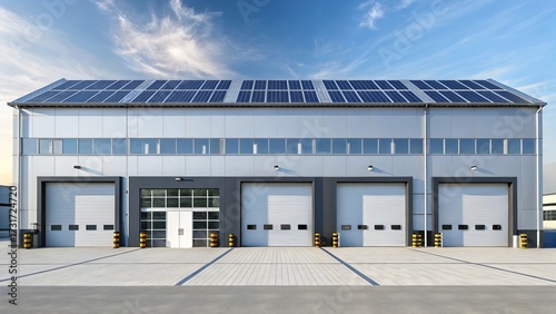Modern exterior logistics warehouse building with sleek architectural design, with large solar panels, large loading bays, wide entry doors, and spacious parking area