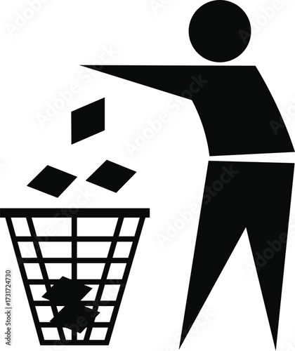 Black silhouette of person throwing paper into trash can on white background waste bin litter