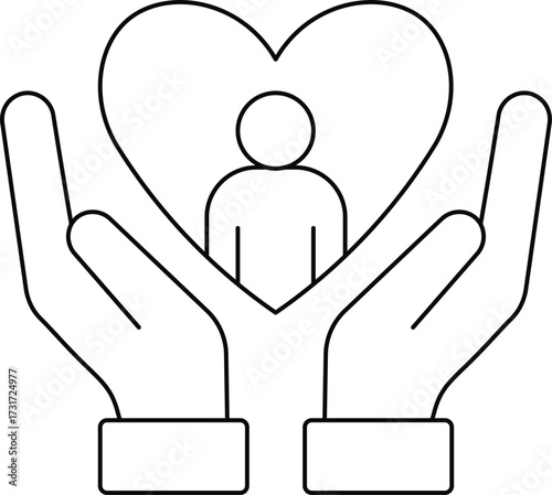 Two hands cradling a heart with a person silhouette inside care
