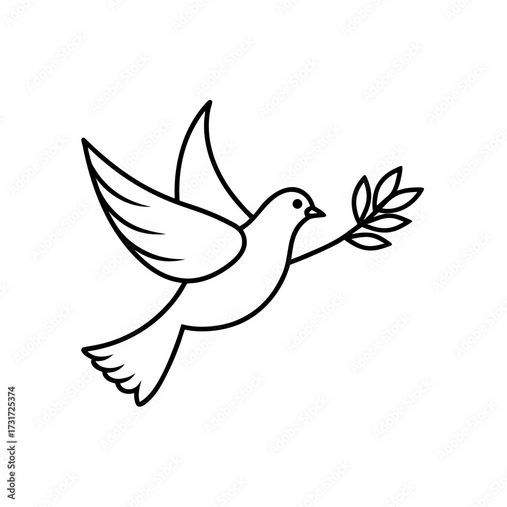 Obraz premium Illustration of a dove in flight holding an olive branch with outlined details on a white background image on transparent background