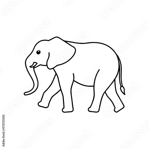 Illustration of a walking elephant outlined in black with a visible trunk and a small tail design on transparent background