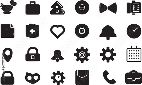 Collection of diverse black icons on a white background graphic symbol