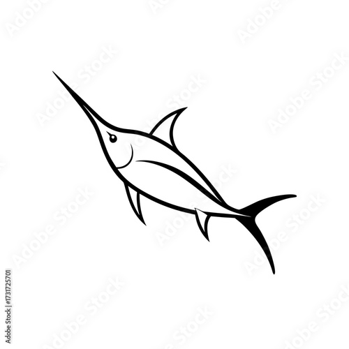 A black and white drawing of a marlin fish with a long pointed bill swimming upwards in the ocean water on transparent background
