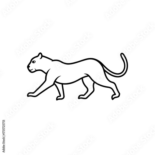 Illustration of a black outline drawing of a panther walking with a curled tail and sleek appearance design on transparent background