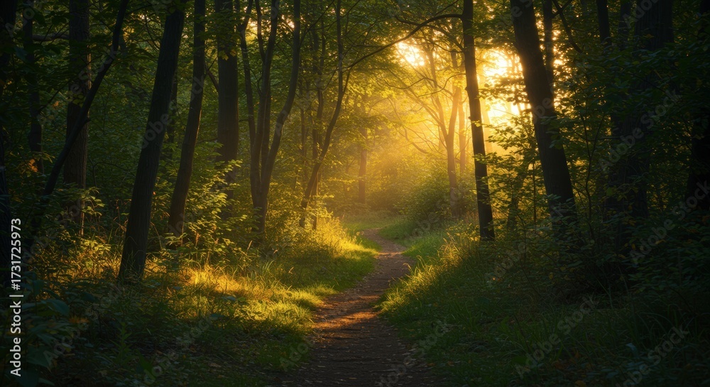 Fototapeta premium Sunlit pathway through a dense forest with tall trees and warm light filtering through foliage