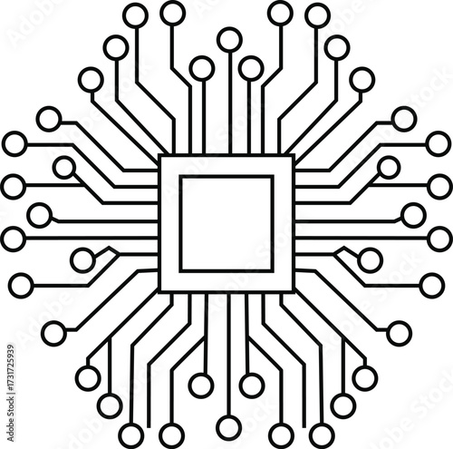 Black and white icon of a central square chip with radiating circuit board lines and circles