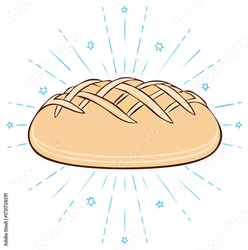 Fresh baked bread loaf illustration with woven topping and shiny starburst decoration