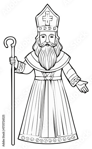 Stylized Bishop Figure with Crozier Staff in Black and White Outline Design