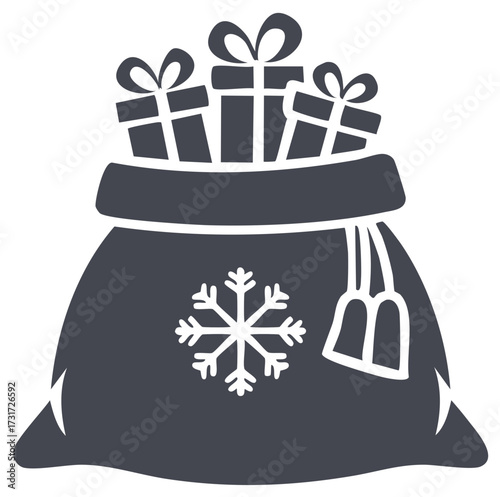 Silhouette of Santa's sack full of Christmas gifts with snowflake