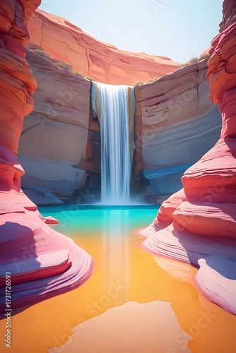 A waterfall flowing into a turquoise pool surrounded by pink and orange rock formations
