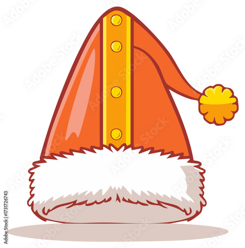 Orange festive holiday hat with gold buttons white fur trim and yellow pompom illustration