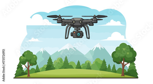 A black drone with a camera attached hovers over a scenic landscape with green trees, rolling hills, and snow-capped mountains under a cloudy blue sky.