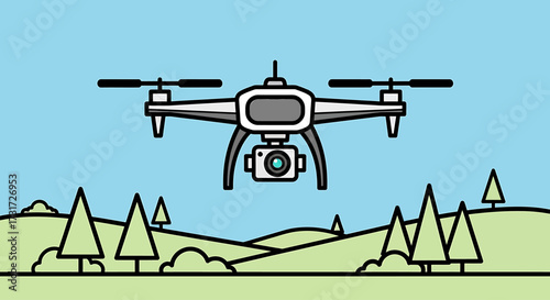 Illustration of a drone flying over a landscape with trees and a blue sky background.