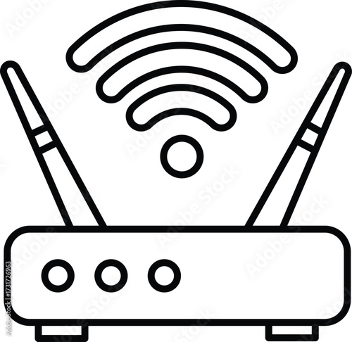 Black line art icon of a wireless router with antennas and wifi signal wifi router internet