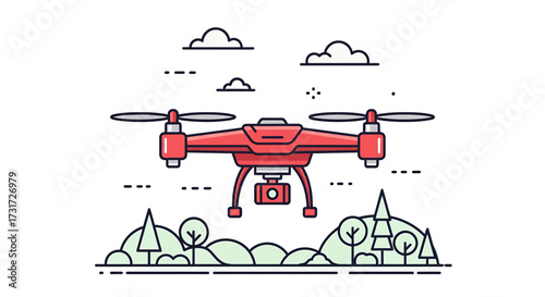A red quadcopter drone with a camera flying in the sky over a stylized green landscape with hills and trees.