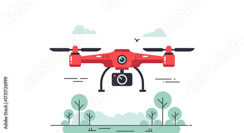 A bright red drone with a camera is flying in the sky above a stylized landscape with trees and clouds.