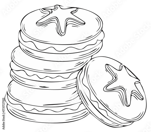 Outline of cookies stacked with star shape and filling for coloring book or recipe book pages, bakery concept illustration