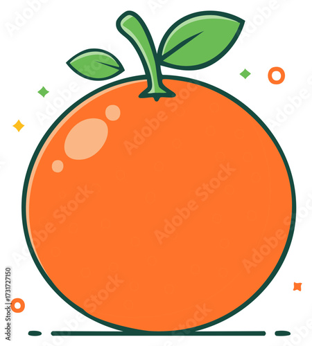 Illustration of a vibrant orange fruit with green leaves and stem, flat design style.