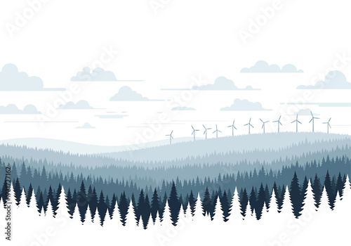 A minimalist landscape illustration of a wind farm on rolling hills above a dense, misty pine forest.