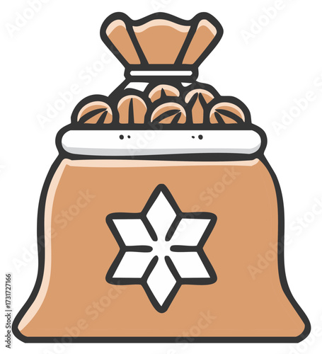 Brown burlap sack overflowing with round items and a snowflake symbol