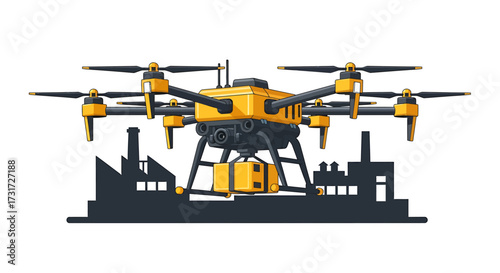 A yellow drone with a cargo box is flying over a silhouette of industrial factories.