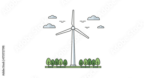Illustration of a wind turbine generating clean energy in a natural environment with trees and clouds.