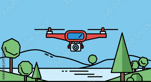 Illustration of a red drone flying over a landscape with trees and hills.