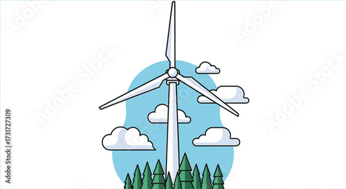 A modern white wind turbine generating clean energy above a green pine forest with a blue sky and clouds in a vector illustration style.