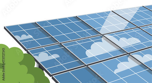 Close-up view of solar panels reflecting clouds, representing renewable energy and sustainability.