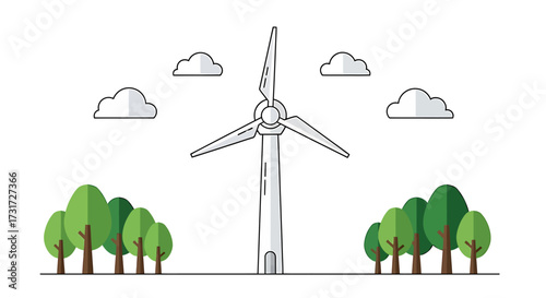 A simple line art illustration of a wind turbine in a green forest landscape with clouds.