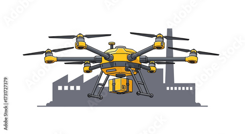 A yellow drone with a camera attached hovers in front of a factory building.
