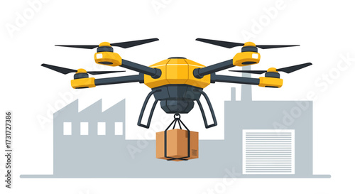 A yellow and black drone delivering a package to an industrial facility, illustrating modern logistics and automated delivery services.