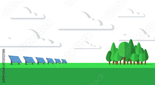 Illustration of a green field with solar panels and a cluster of trees under a cloudy sky.