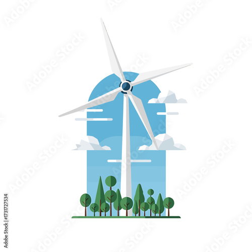A stylized illustration of a white wind turbine standing tall amidst green trees under a blue sky with white clouds, symbolizing renewable energy and environmental sustainability.
