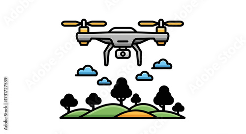 Illustration of a drone flying over a landscape with trees, clouds, and a grassy hill.
