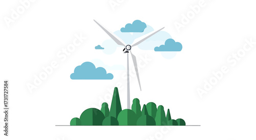 A modern wind turbine generating renewable energy, standing tall over a green forest with blue clouds in the background.
