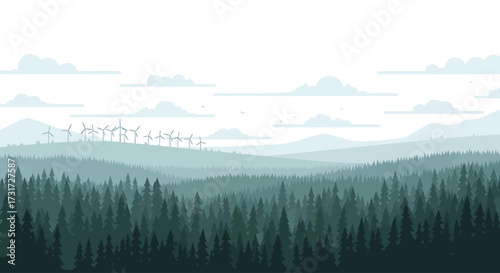 A serene landscape featuring rolling hills covered in dense evergreen forests, with a distant wind farm on the horizon under a hazy sky.