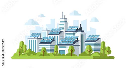 Illustration of a sustainable city with solar panels on buildings, promoting clean energy and environmental consciousness.