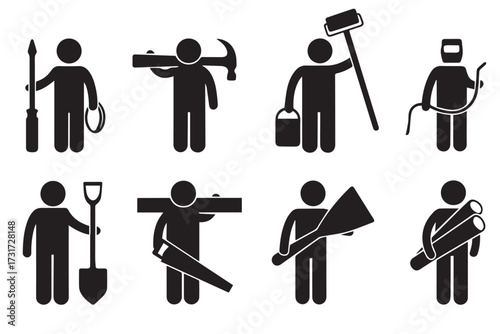 A grid of eight black-and-white icons. Each icon is a stick figure representing a different type of manual laborer or handyman, holding tools associated with their trade.