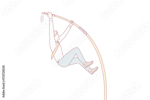 Business challenge and confidence concept. Young smiling businessman cartoon character jumping with stick to achieve goal vector illustration