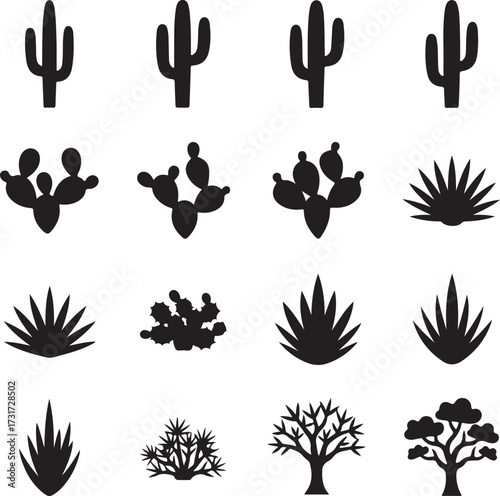 Desert Flora Silhouettes: A curated collection of black silhouettes showcases a variety of desert flora, from majestic cactus to intricate agave, offering a versatile design elements.
